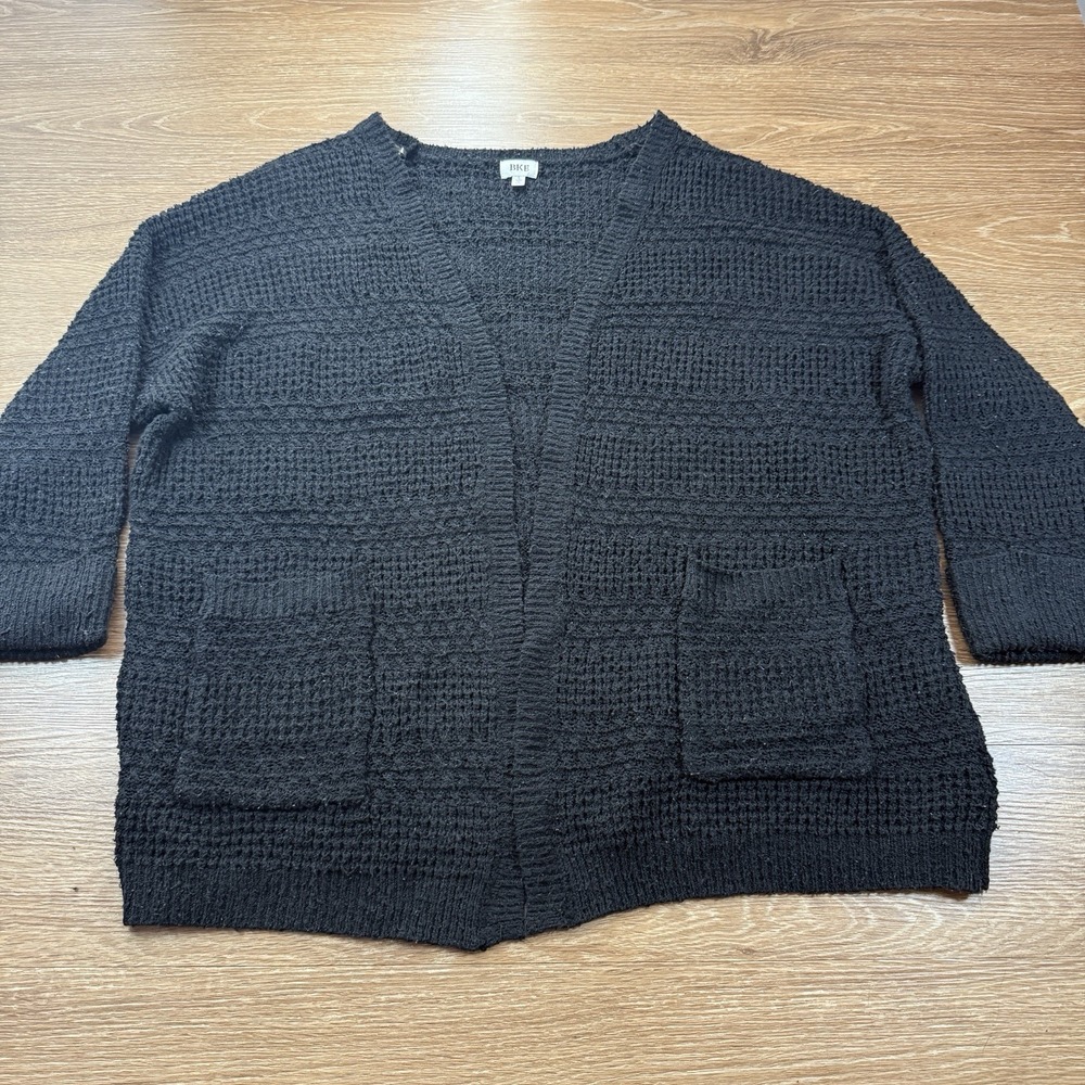 BKE Women's Black Open Front Cardigan Chunky Knit Pockets Size L Cozy Fall Style